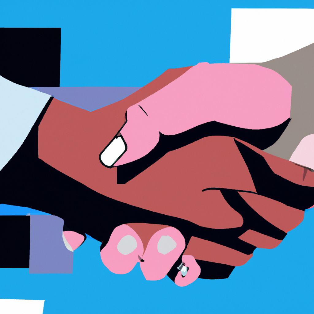 A handshake between two people on a blue background.