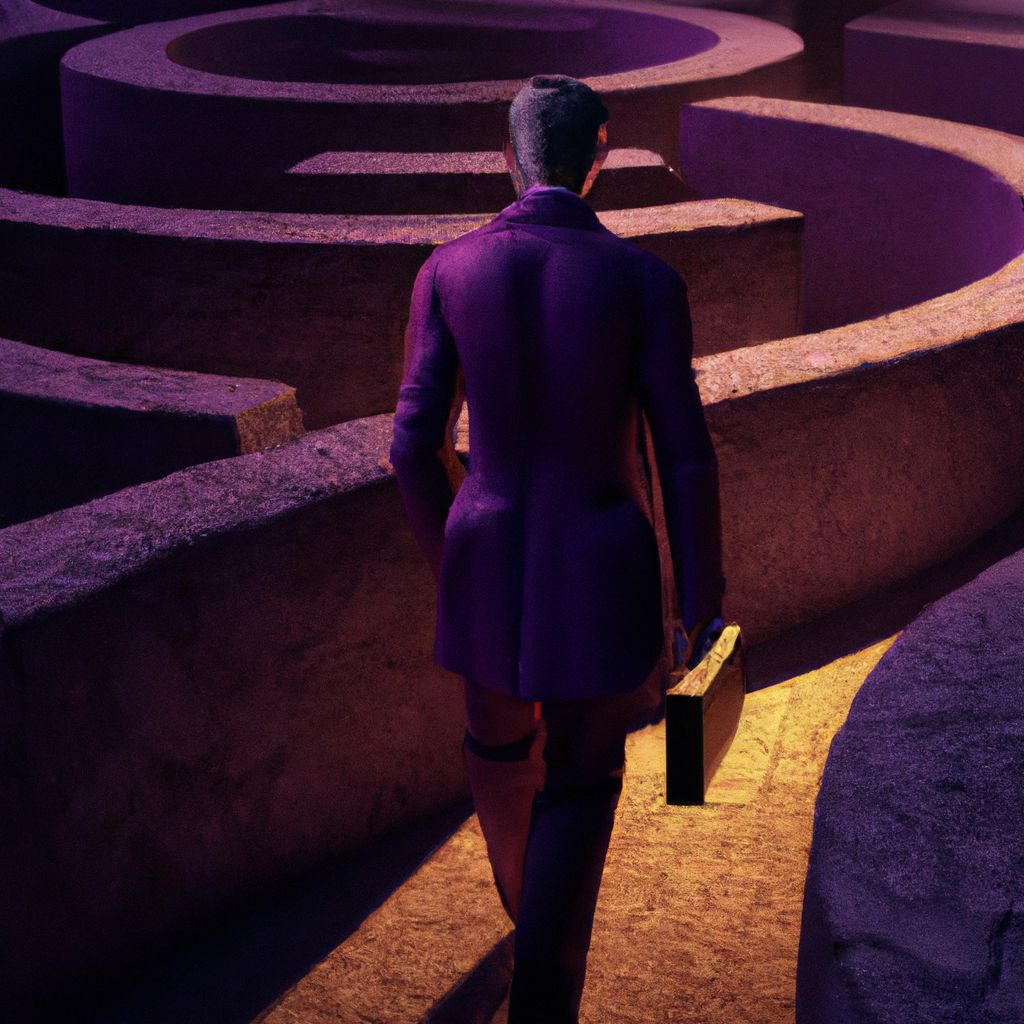 A man in a purple suit is walking through a maze.
