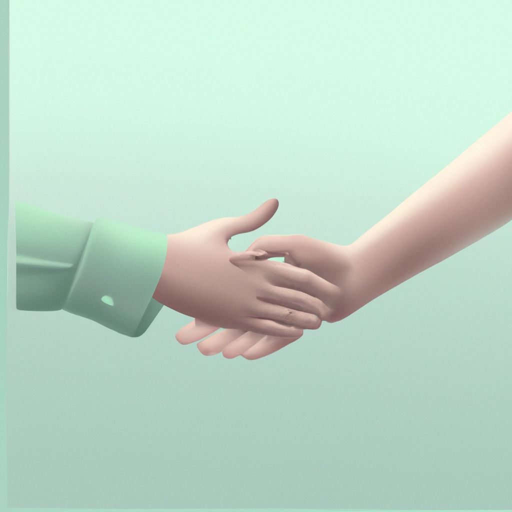 A handshake between two people on a green background.