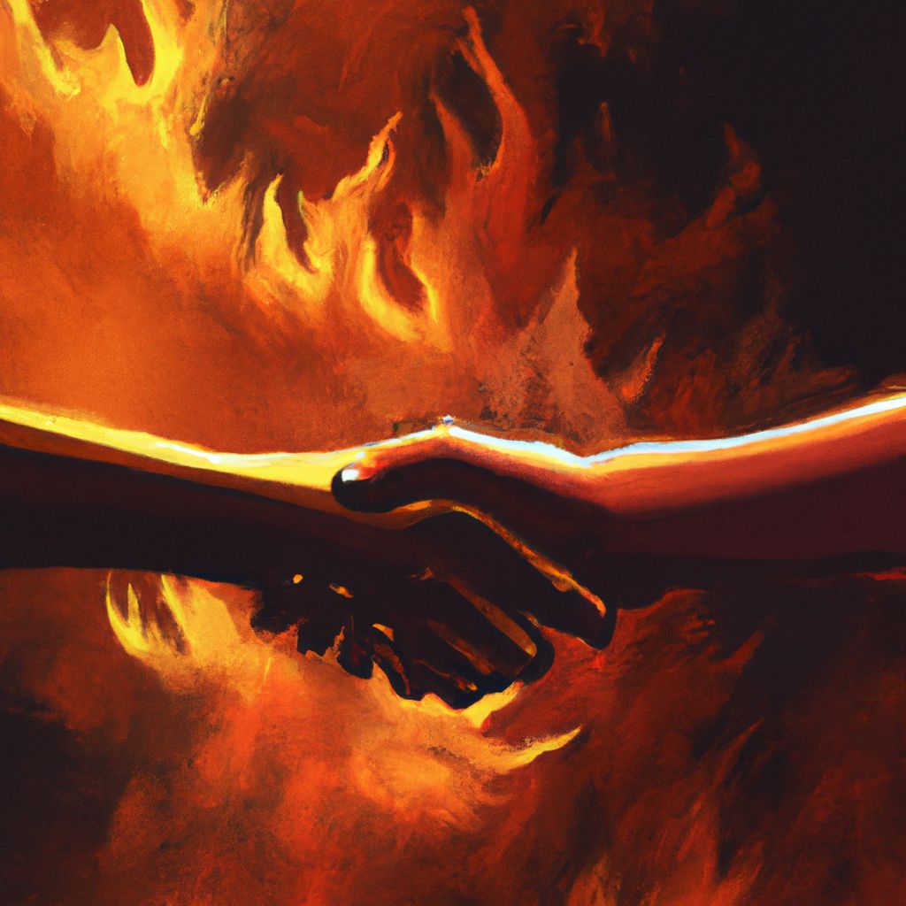 A painting of two people shaking hands in front of fire.