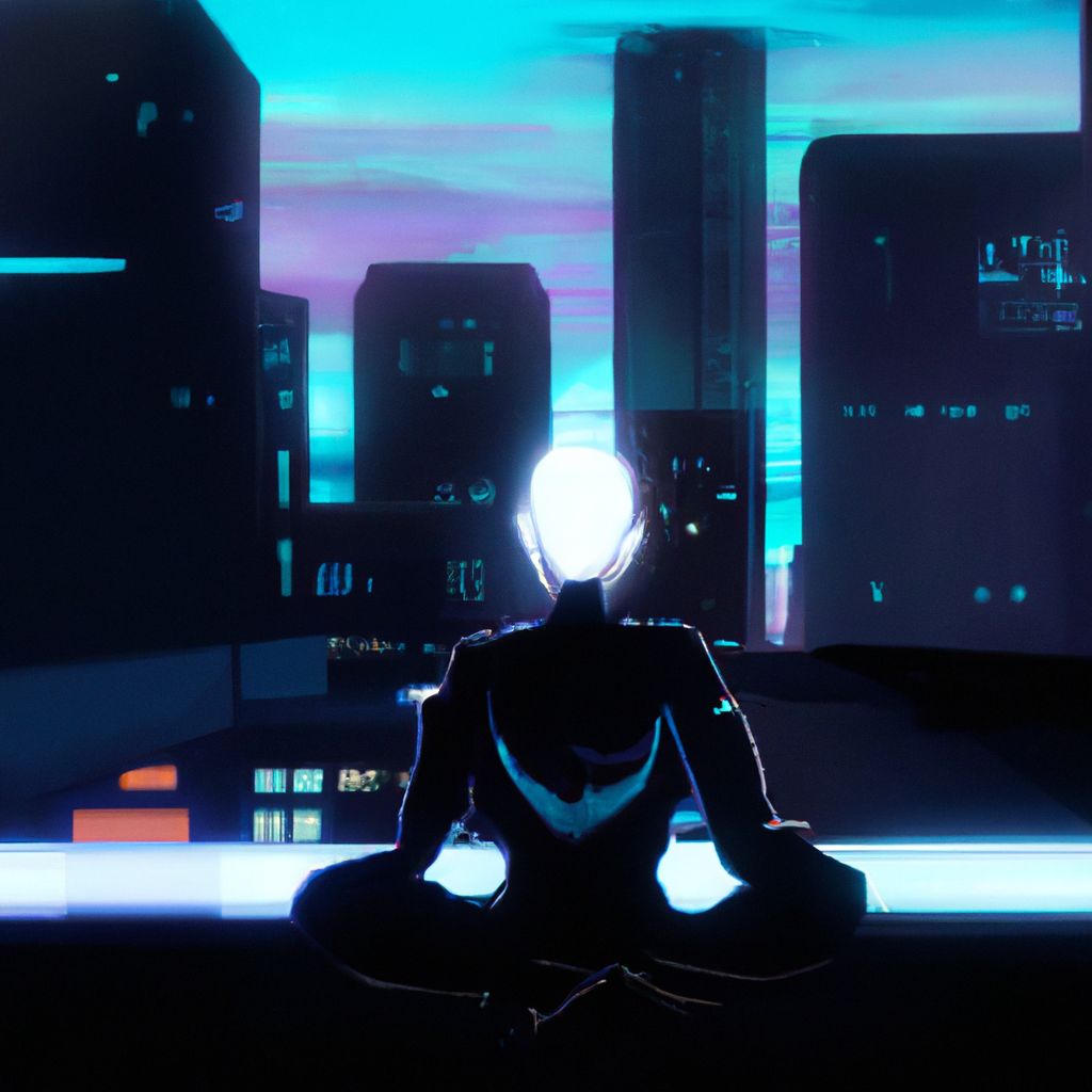 A man sitting on a rooftop in a futuristic city.