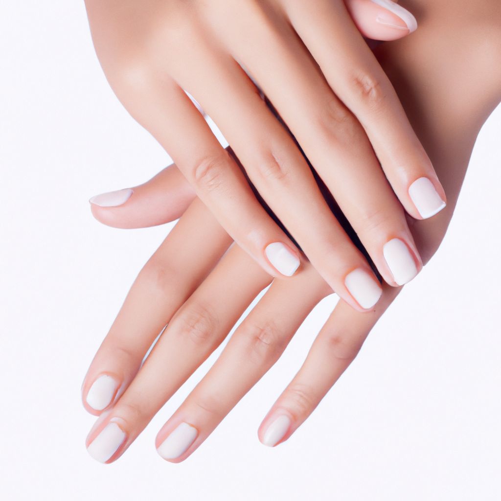A woman's hands with white manicures on a white background.