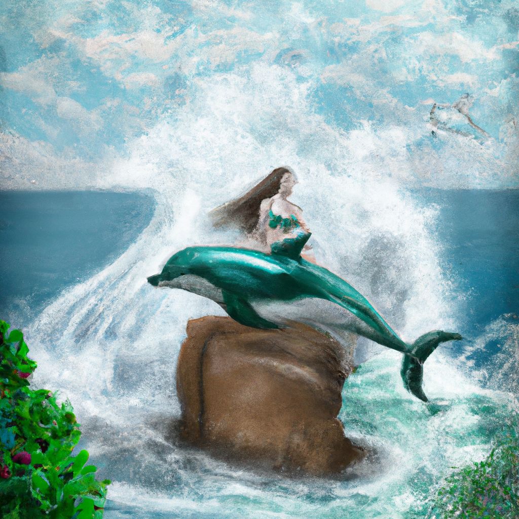 A mermaid riding a dolphin.