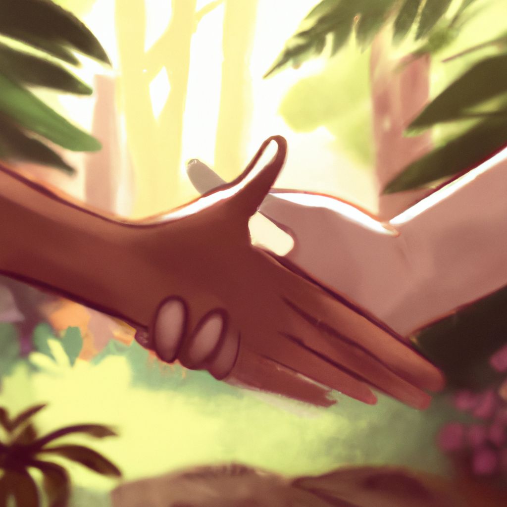Two people shaking hands in the forest.