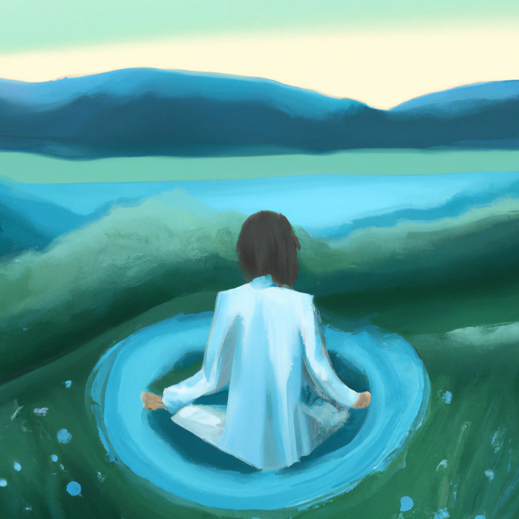A painting of a woman meditating in the middle of a lake.
