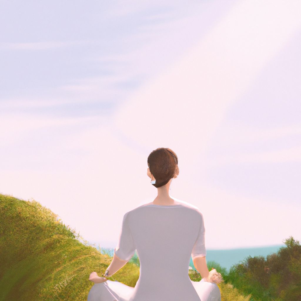 A woman is meditating on a grassy hill.