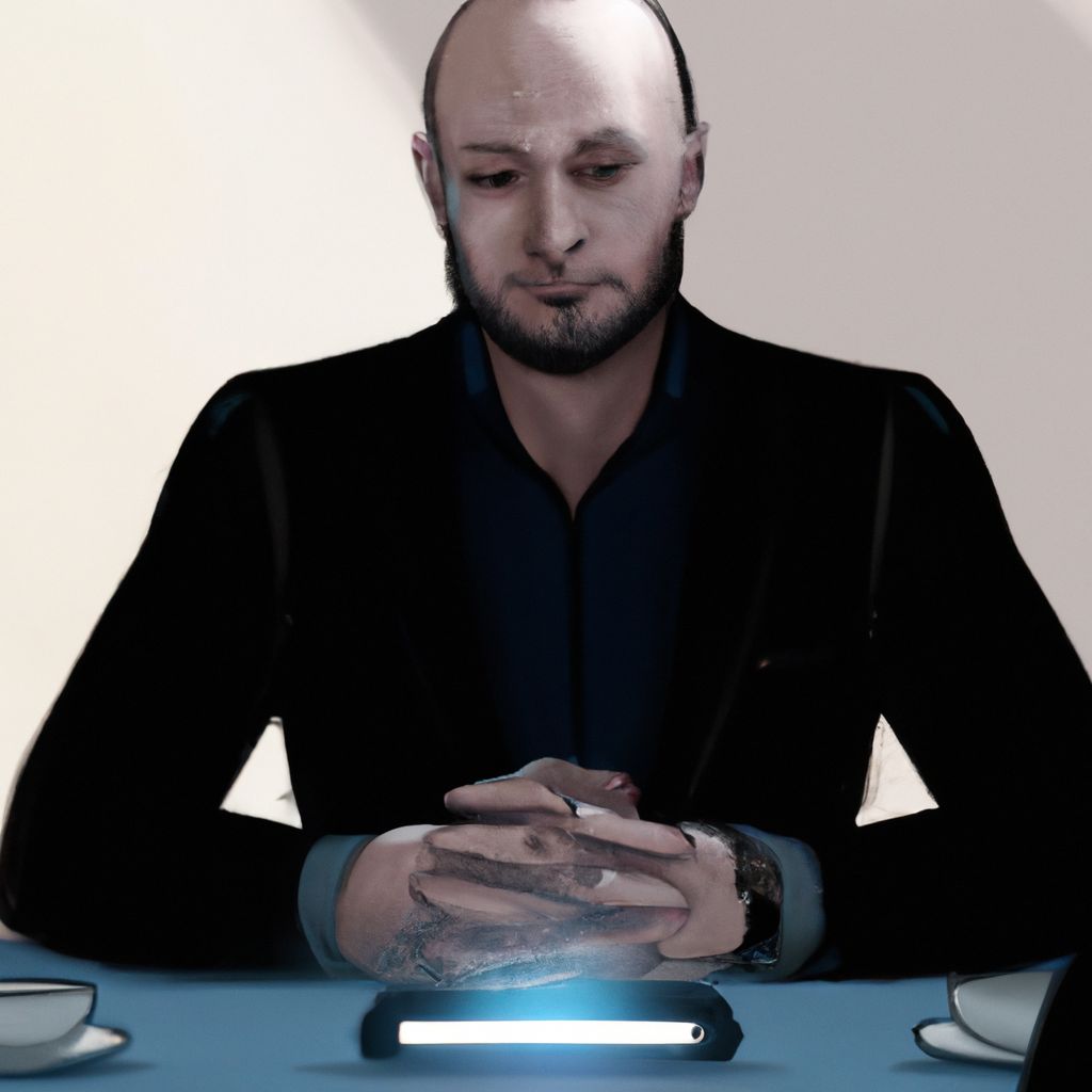 An illustration of a bald man sitting at a table.