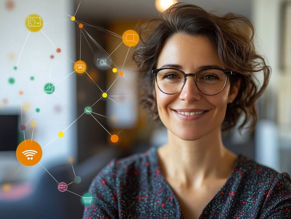 A person with glasses smiles at the camera. Overlay features a network of connected icons, including Wi-Fi and communication symbols, representing digital connectivity.