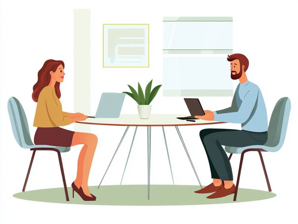 A woman and a man sit across from each other at a round table, both working on laptops, with a potted plant in the center of the table.