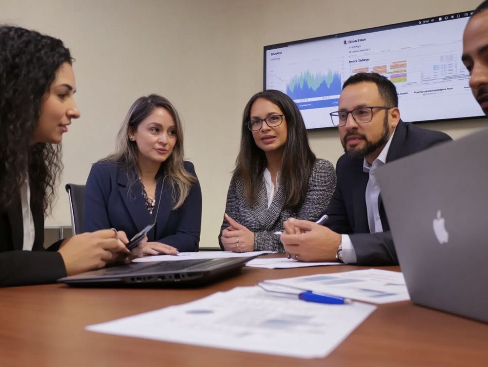 Five professionals sit around a conference table discussing documents, with laptops open and charts displayed on a wall-mounted screen in the background.