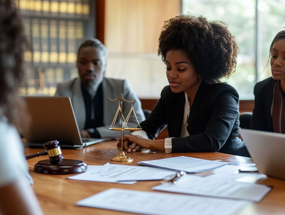 Three professionals in business attire sit at a conference table with legal documents, a laptop, a gavel, and scales of justice in an office setting.