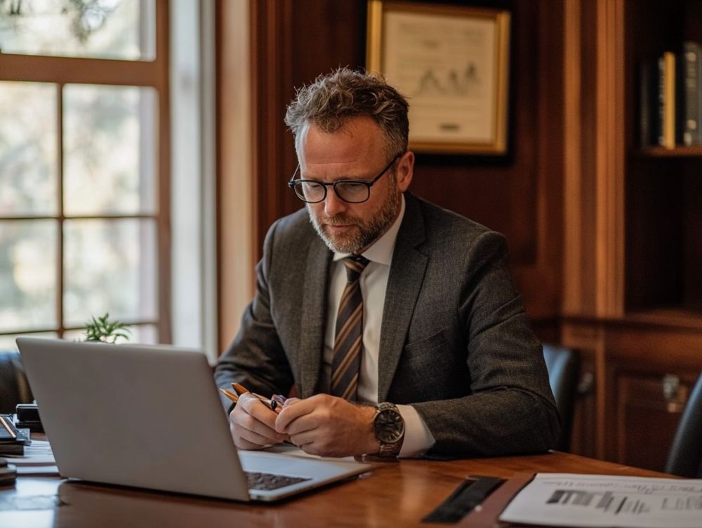A man in a suit sits at a wooden desk in an office, looking at a laptop, with papers and a pen in front of him.