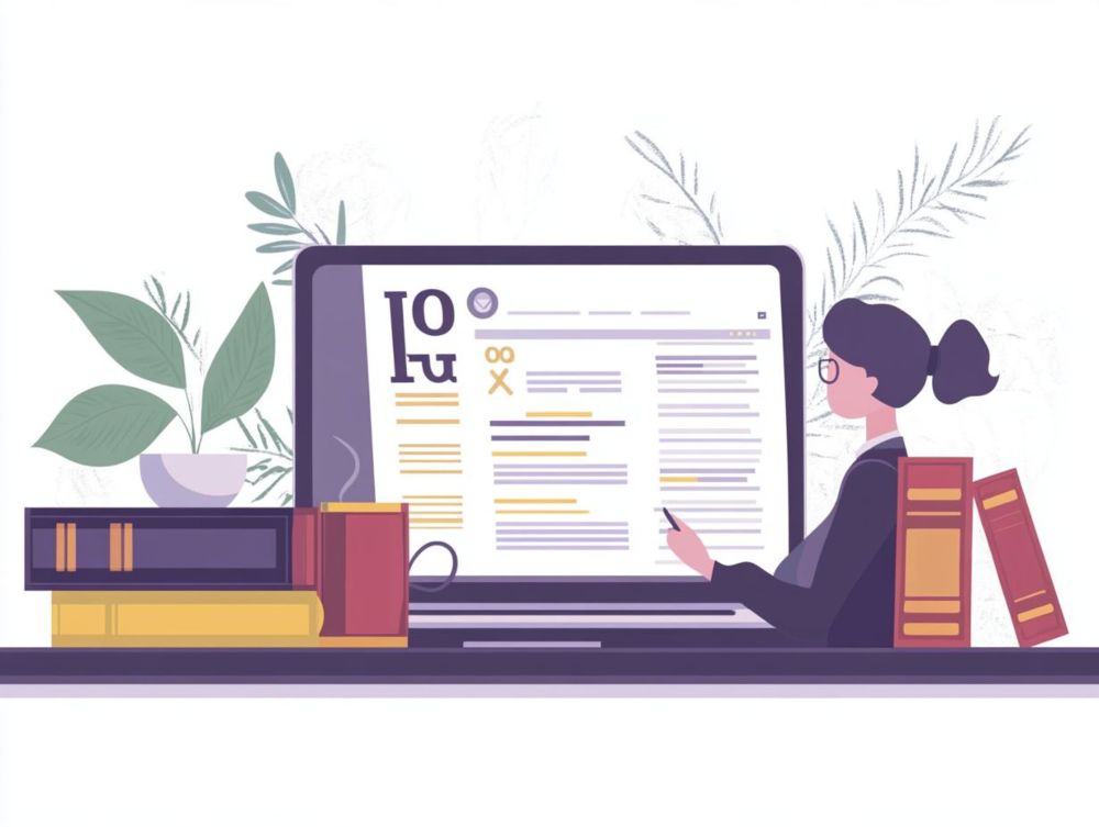 A person with glasses sits at a desk, reading and taking notes from a large laptop screen, surrounded by books, a plant, and a cup.