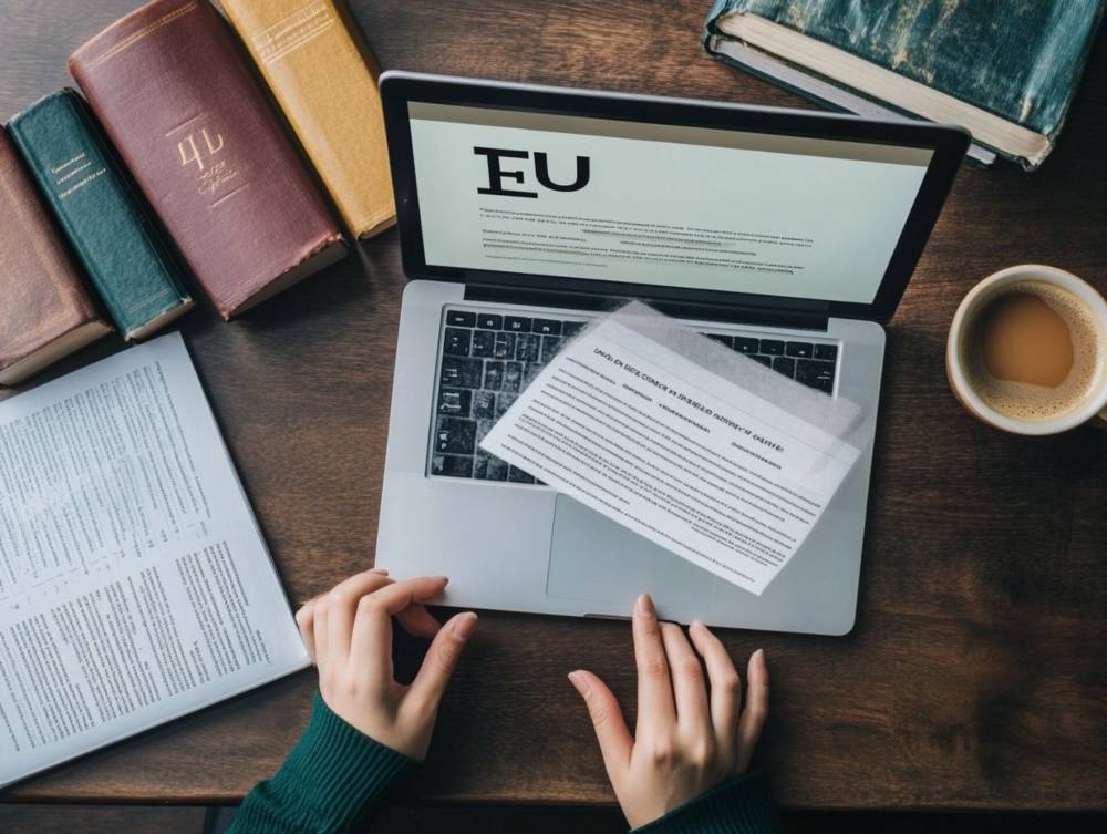 A person works at a desk with a laptop displaying "EU," surrounded by books, papers, and a cup of coffee.