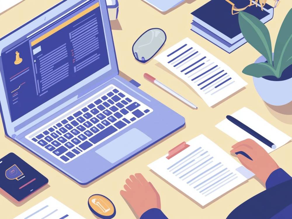 A person works at a desk with an open laptop, documents, a smartphone, a mouse, pens, a plant, and several notebooks.
