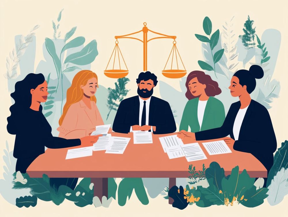 Five people sit around a table discussing documents, with a scale of justice symbol in the background and plants surrounding them.