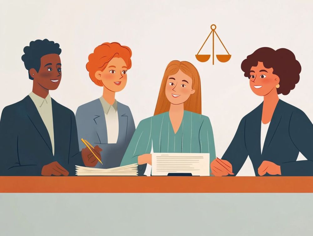 Four professionally dressed women sit at a table with legal documents, pens, and a justice scale symbol on the wall behind them.