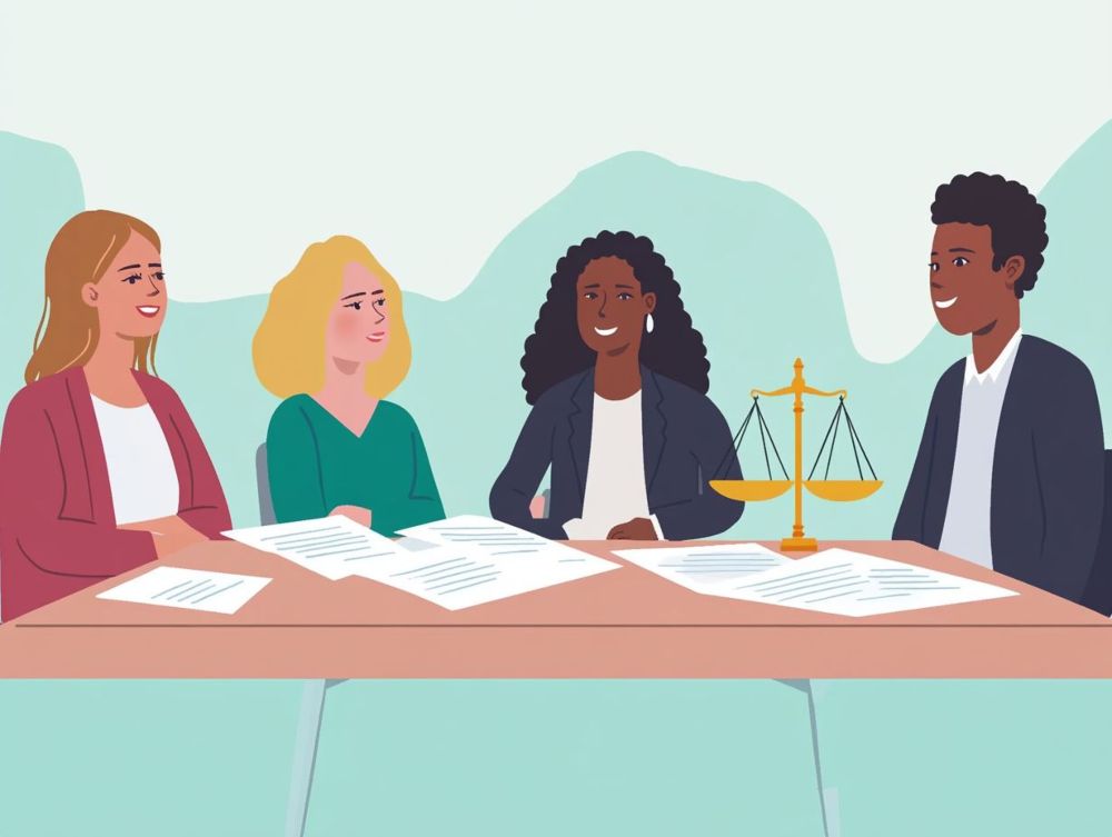 Illustration of four people sitting at a table with documents and a justice scale, engaged in a discussion.