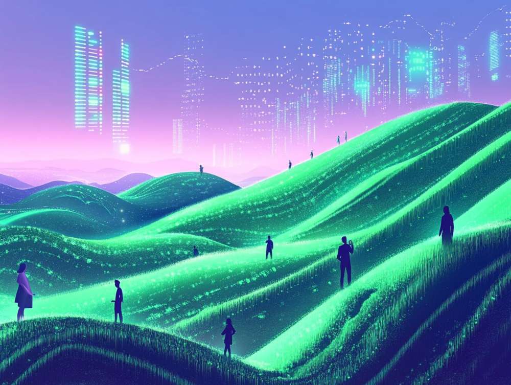 Futuristic landscape with neon-green rolling hills and silhouetted people. A distant city skyline glows purple and blue, set against a dreamy twilight sky.